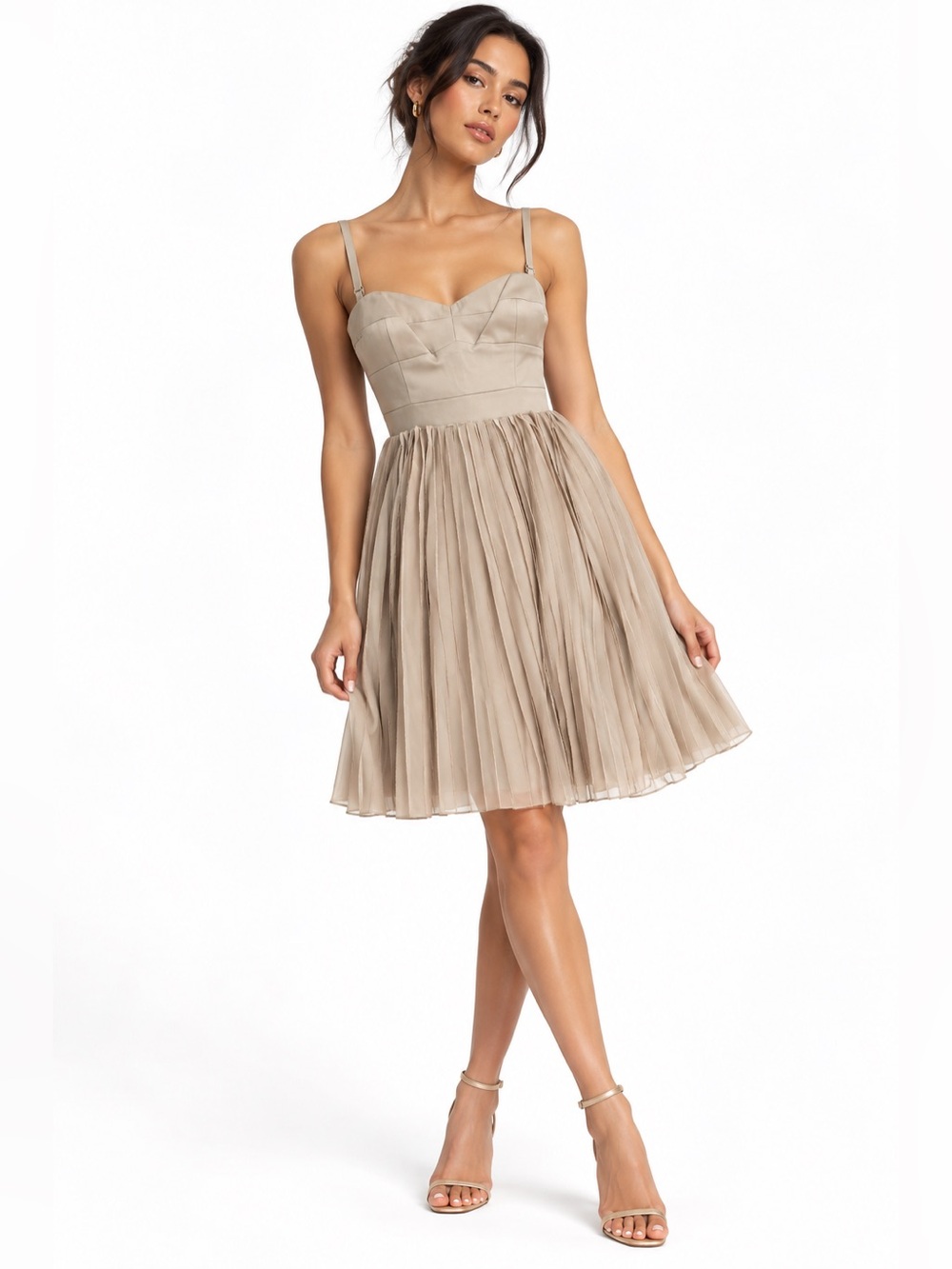 BCBGMAXAZRIA Runway Size 12 Taupe Pleated Chiffon Corset Cocktail Dress